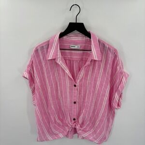 SONOMA Linen Cropped Shirt Womens XXL Petite Pink White Striped Button Tie Front